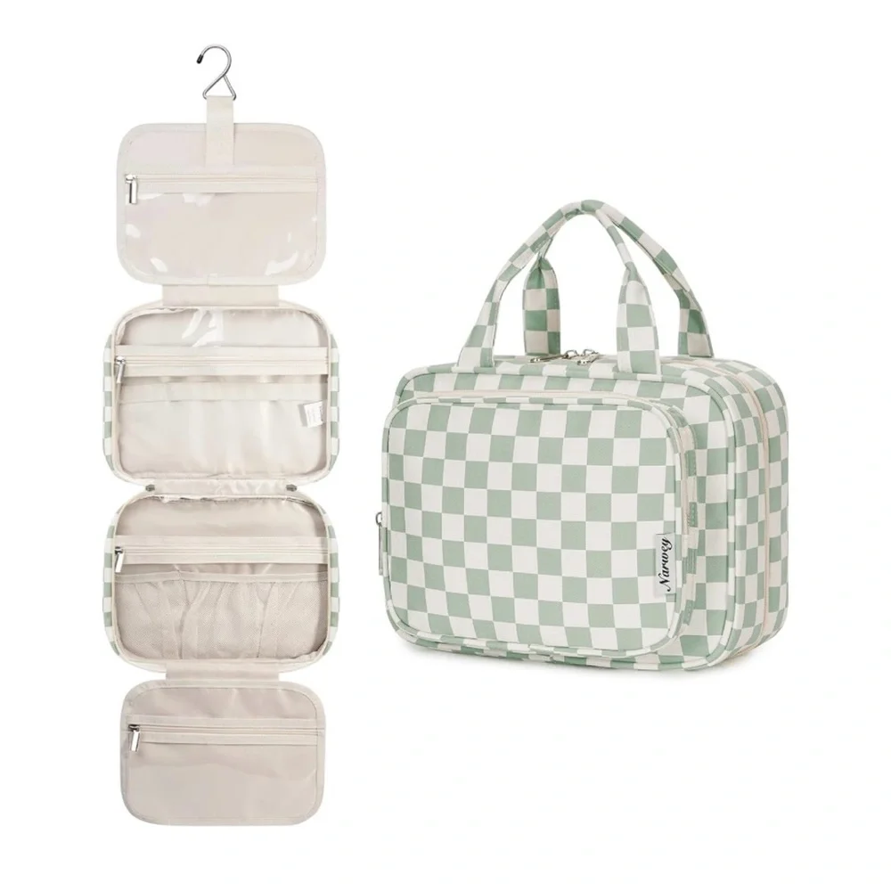 Checkered Travel Toiletry Bag - Green and White